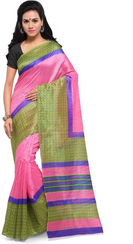 Printed Bhagalpuri Art Silk Saree  (Pink, Light Green)