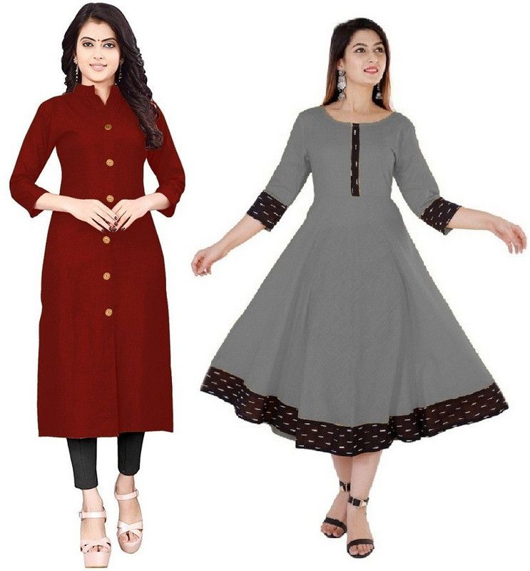 Pack of 2 Women Solid Cotton Blend A-line Kurta  (Maroon)