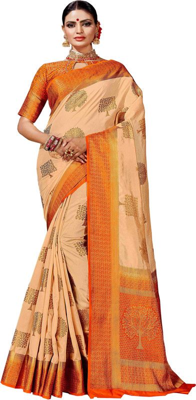 Woven Bollywood Nylon Saree  (Beige)