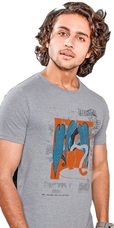 Men Typography Round Neck Cotton Blend Silver T-Shirt