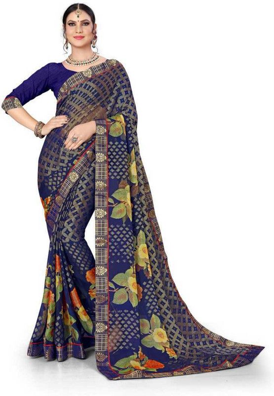 Printed Bollywood Brasso Saree  (Blue)