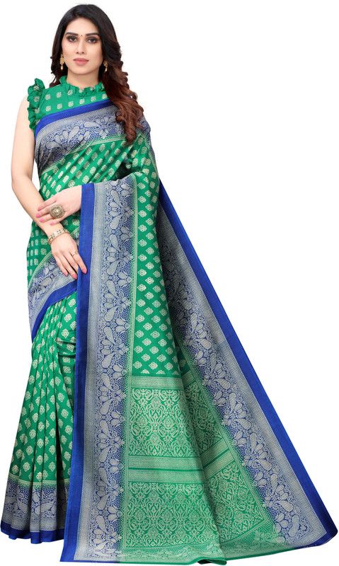 Self Design, Printed, Geometric Print Mysore Art Silk Saree  (Green)