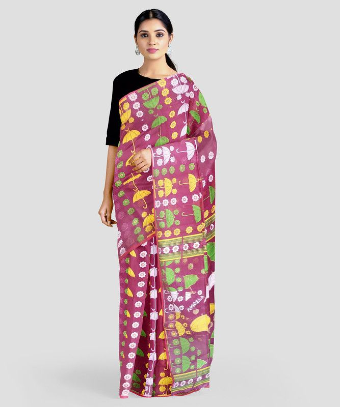 Printed Jamdani Cotton Silk Saree  (Purple)