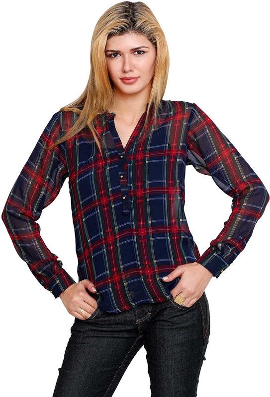 Formal Regular Sleeves Checkered Women Red Top