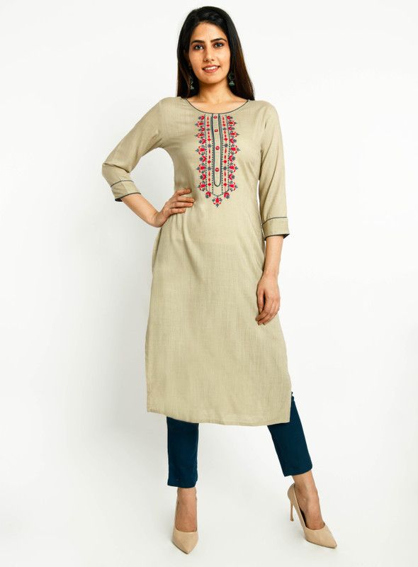 Women Embroidered Kurta  (Beige)