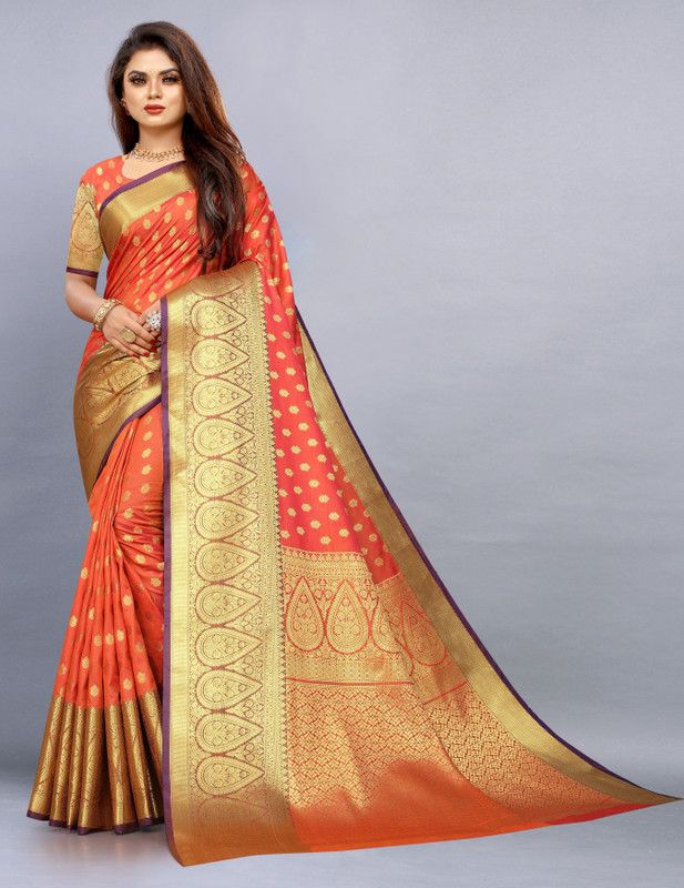 Self Design Banarasi Tussar Silk Saree  (Orange)
