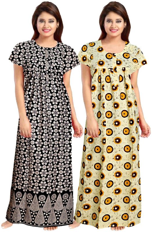 Pack of 2 Women Nighty Set  (Black, Yellow)