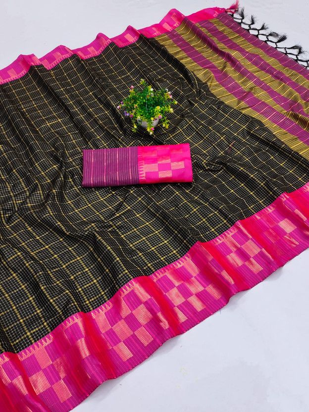Embellished, Dyed, Checkered Dharmavaram Pure Silk, Cotton Silk Saree  (Black)