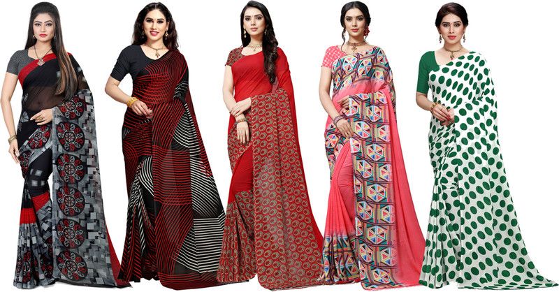 Paisley, Ombre, Floral Print Bollywood Georgette Saree  (Pack of 5, Multicolor)