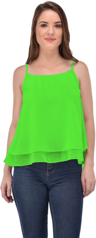 Casual Noodle Straps Solid Women Green Top