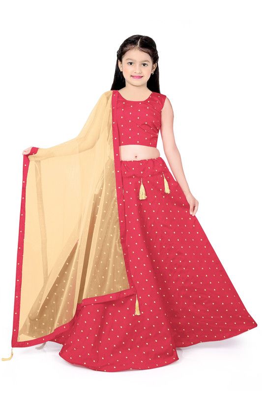 Girls Lehenga Choli Ethnic Wear Polka Print Lehenga, Choli and Dupatta Set  (Red, Pack of 1)