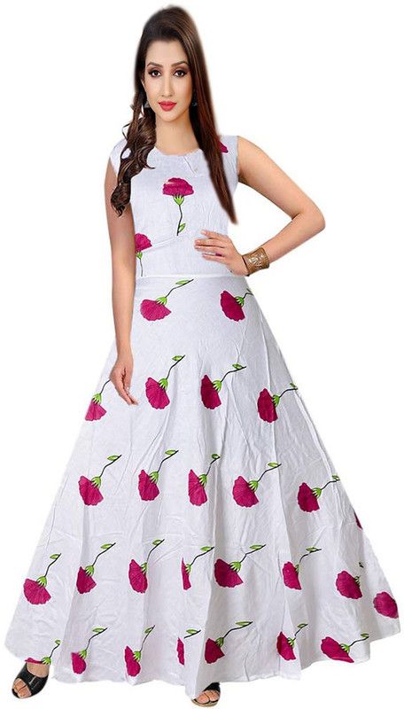 Printed Rayon Blend Stitched Flared/A-line Gown  (White)