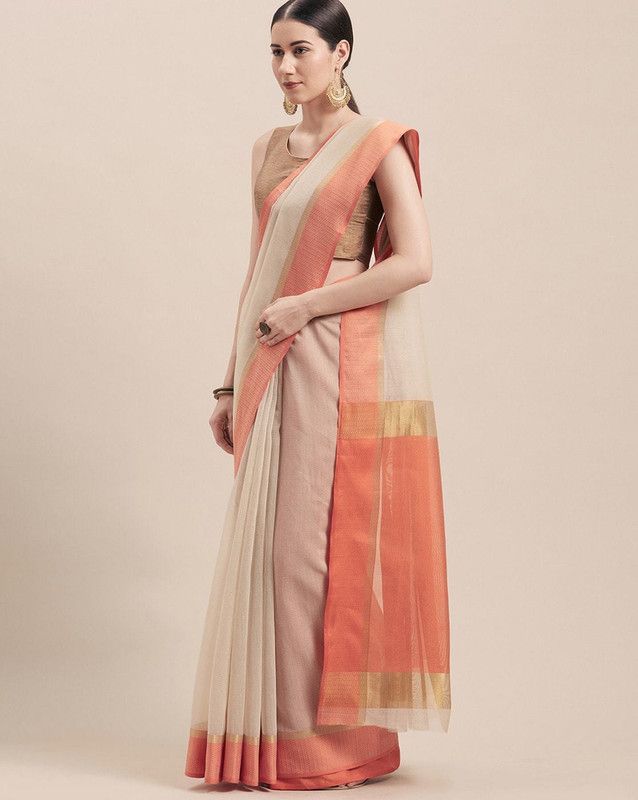 Striped Chanderi Chanderi Saree  (Cream)