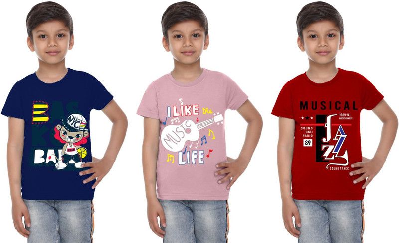 Boys Printed Cotton Blend T Shirt  (Red, Pack of 3)