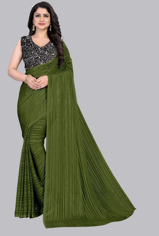 Striped Daily Wear Georgette Saree  (Dark Green)