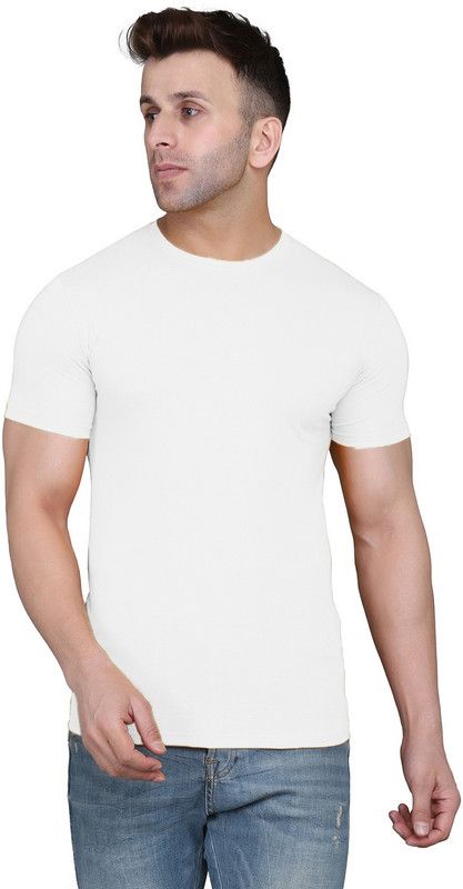 Men Round Neck Tshirt Men Solid Round Neck Cotton Blend White T-Shirt