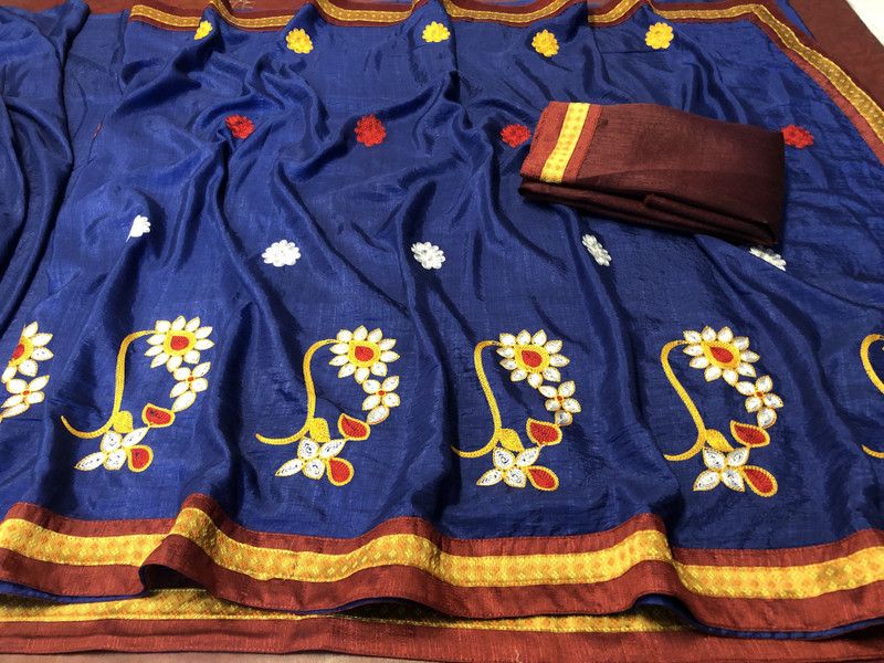 Embroidered Paithani Art Silk Saree  (Blue)