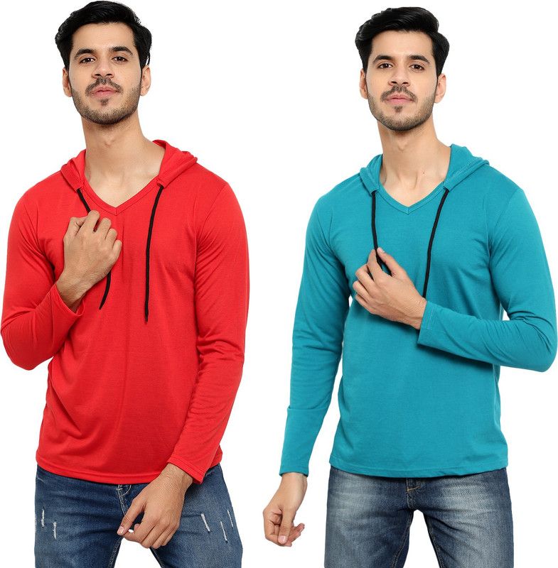 Pack of 2 HMT Men Solid Hooded Neck Cotton Blend Red, Green T-Shirt