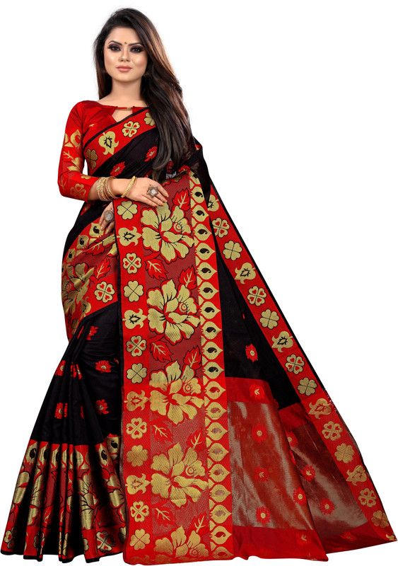 Self Design, Embroidered, Woven, Checkered Banarasi Jacquard, Cotton Silk Saree  (Black)