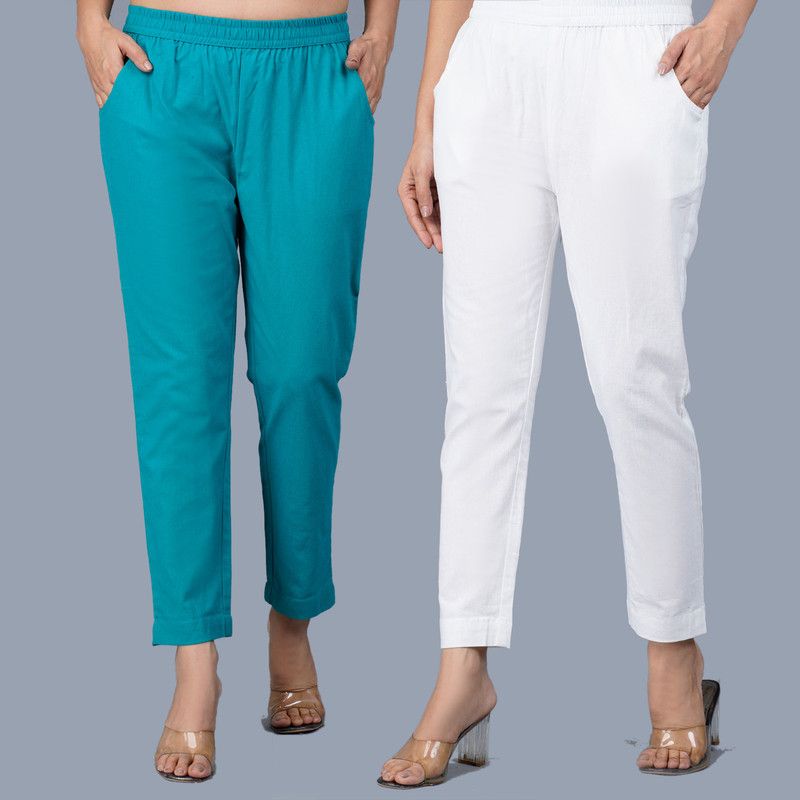 Pack of 2 Women Regular Fit Light Blue, White Pure Cotton Trousers