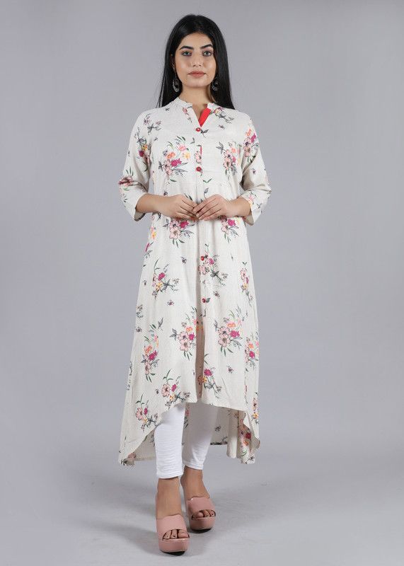 Women Printed Viscose Rayon Asymmetric Kurta  (White)