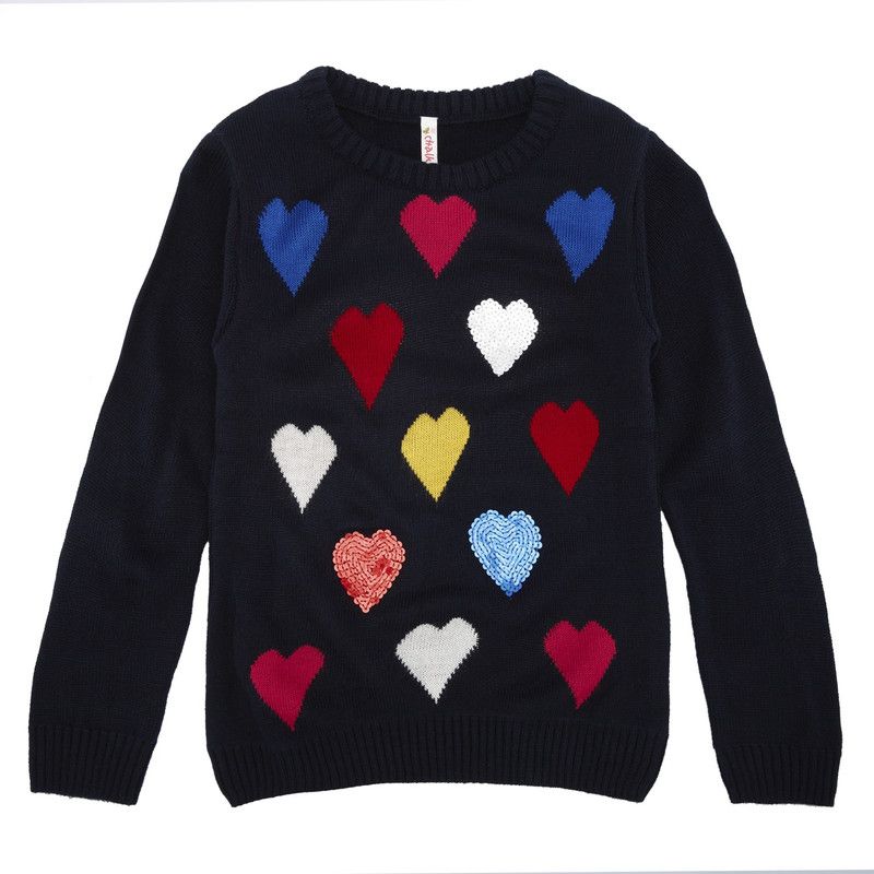 Girls Printed Round Neck Dark Blue Sweater