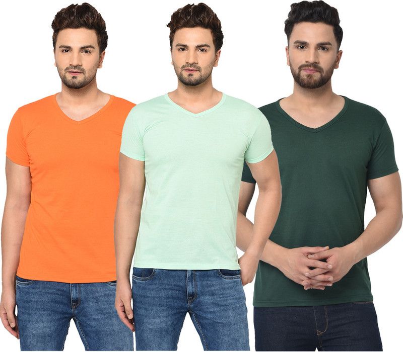 Pack of 3 Men Solid V Neck Cotton Blend Dark Green, Orange, Light Green T-Shirt