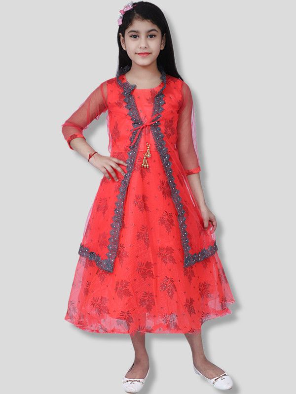 Girls Maxi/Full Length Festive/Wedding Dress  (Red, 3/4 Sleeve)