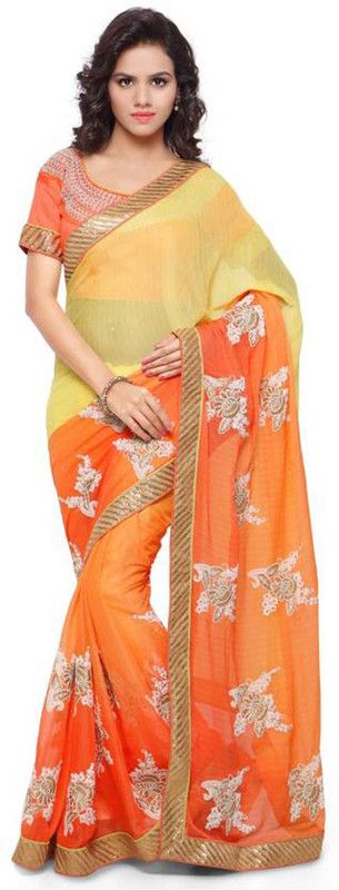 Embroidered Bollywood Chiffon Saree  (Orange, Yellow)