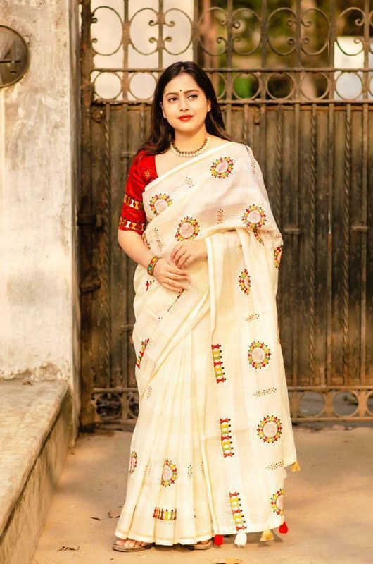 Embroidered Manipuri Cotton Silk Saree  (Cream)