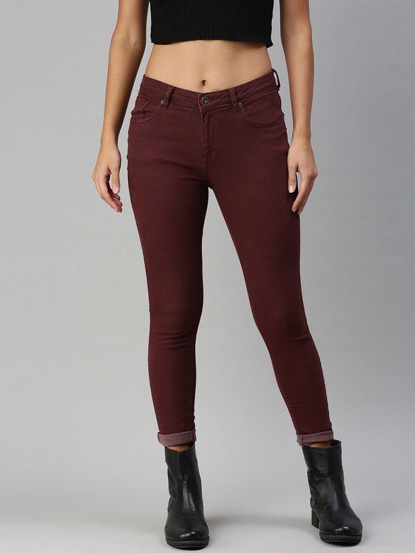 Women Skinny Mid Rise Maroon Jeans