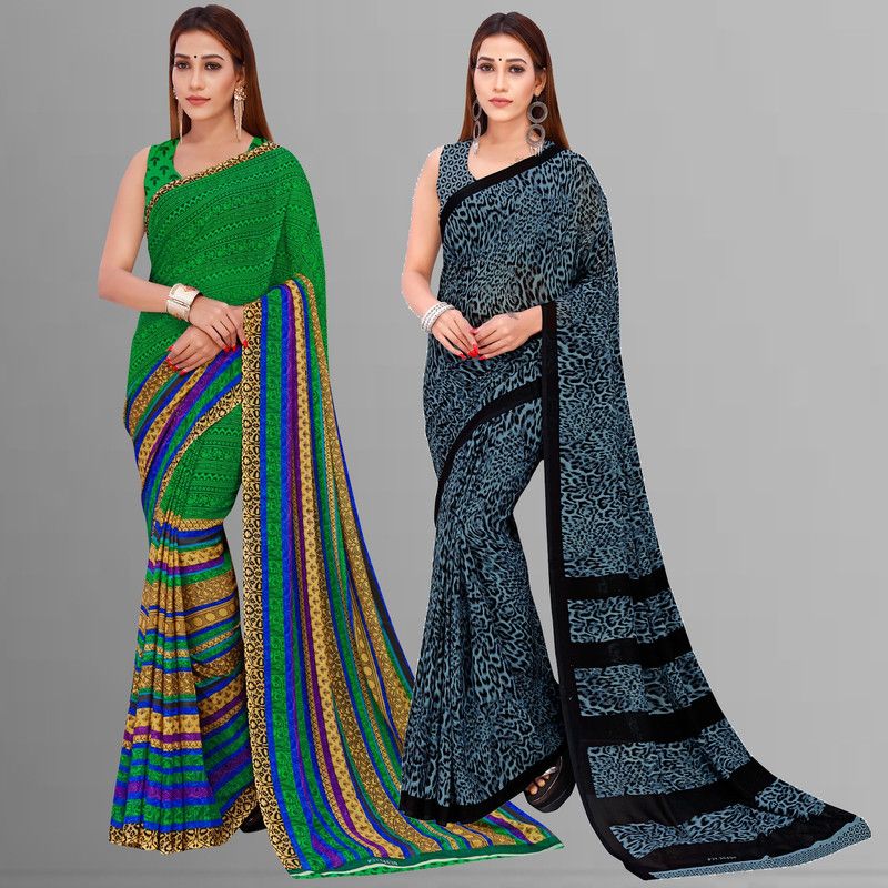 Printed Daily Wear Georgette Saree  (Pack of 2, Light Blue, Green, Black)