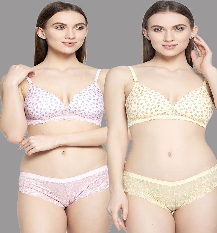 Bra & Panty Set Geometric Print Pink, Yellow Lingerie Set