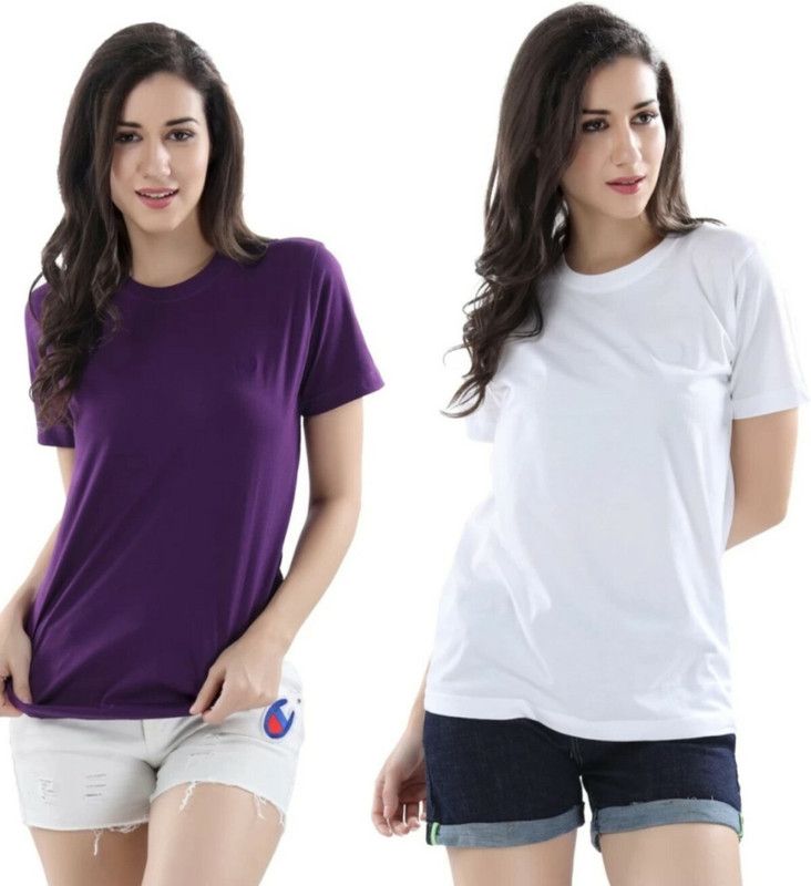 Pack of 2 Women Solid Round Neck Cotton Blend White, Purple T-Shirt