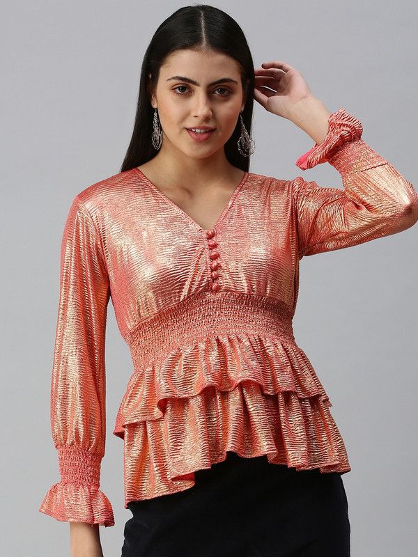 Party Flared Sleeves Solid Women Brown Top