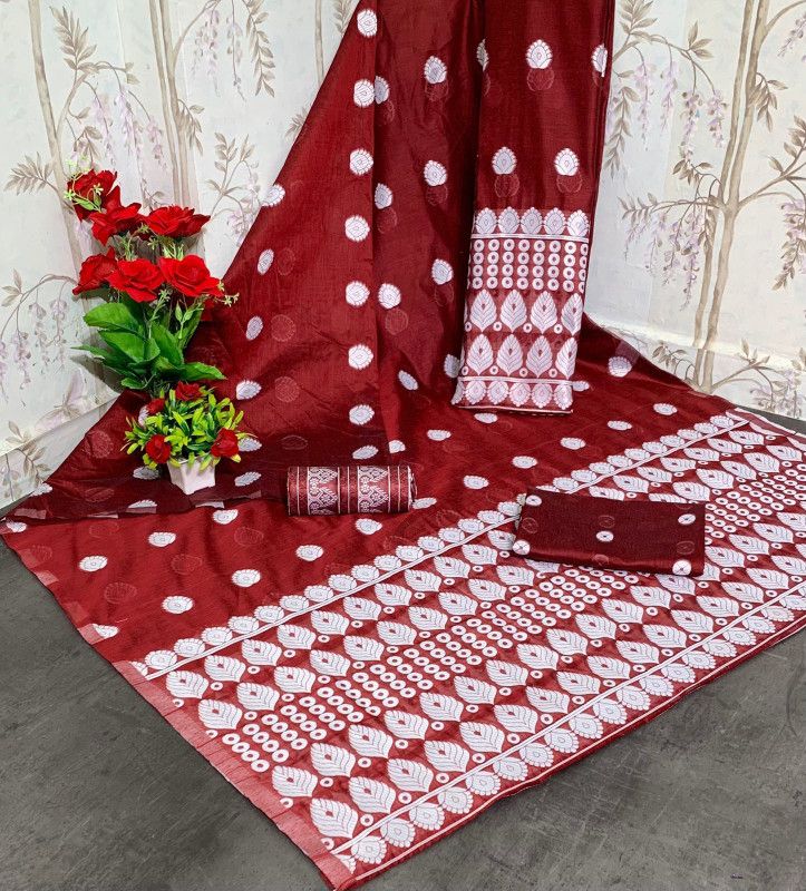 Mekhela Chador Cotton Silk Saree  (Maroon)