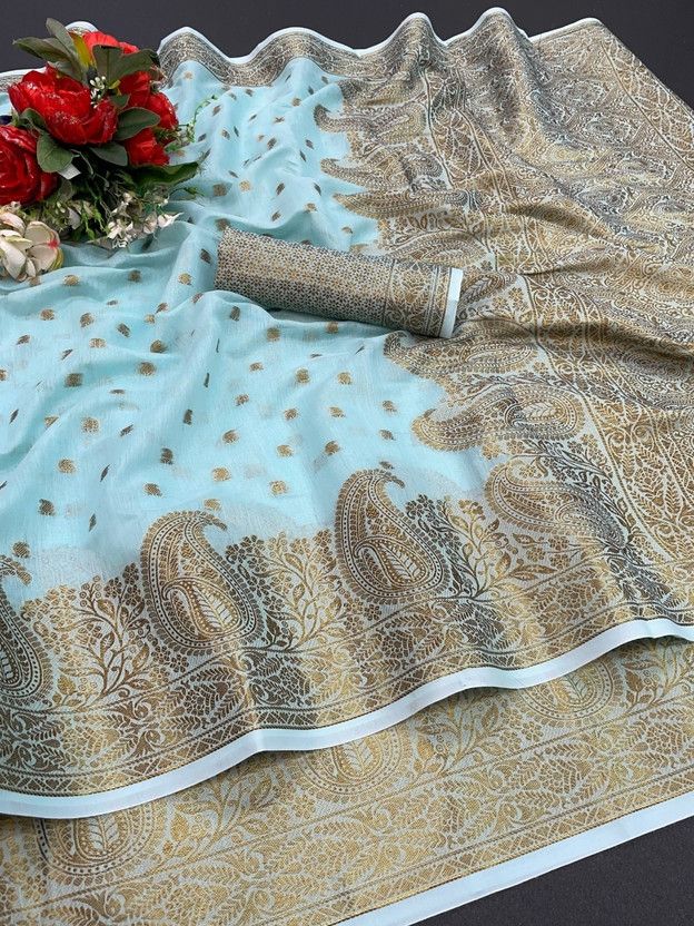 Checkered, Printed, Self Design, Digital Print, Embellished, Floral Print Bollywood Jacquard Saree  (Light Blue)