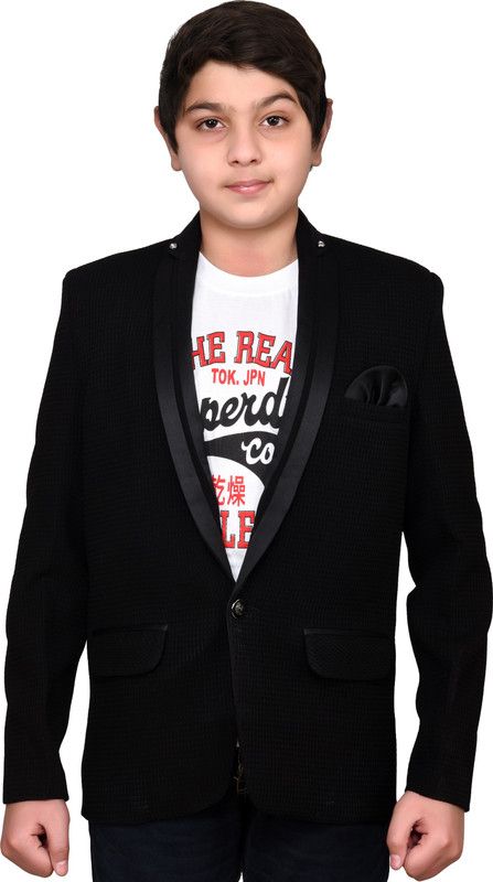 Boys Self Design Single Breasted Festive & Wedding Blazer  (Black)