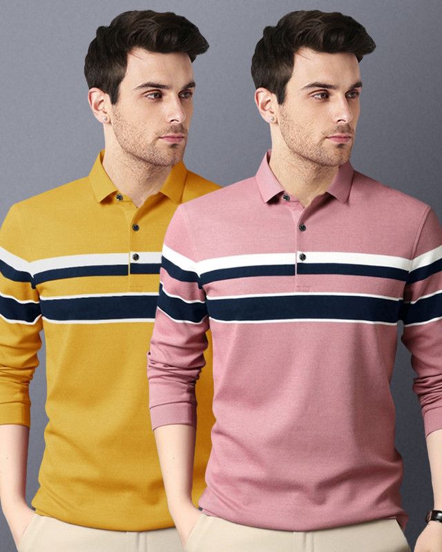 Pack of 2 Men Striped Polo Neck Cotton Blend Pink, Yellow T-Shirt