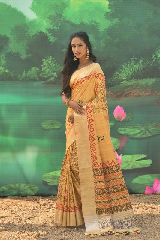Blocked Printed Hand Batik Pure Silk Saree  (Yellow)