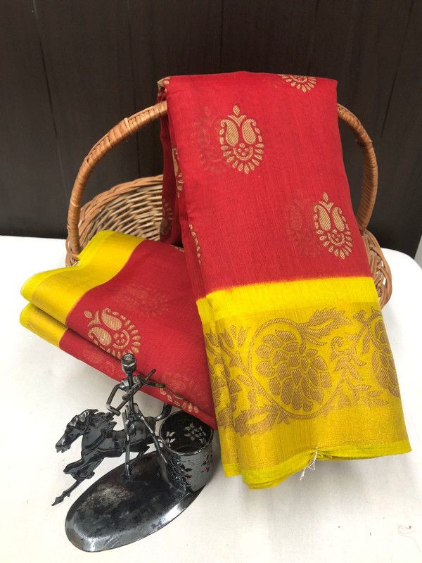 Printed Bollywood Cotton Blend Saree  (Red, Yellow)