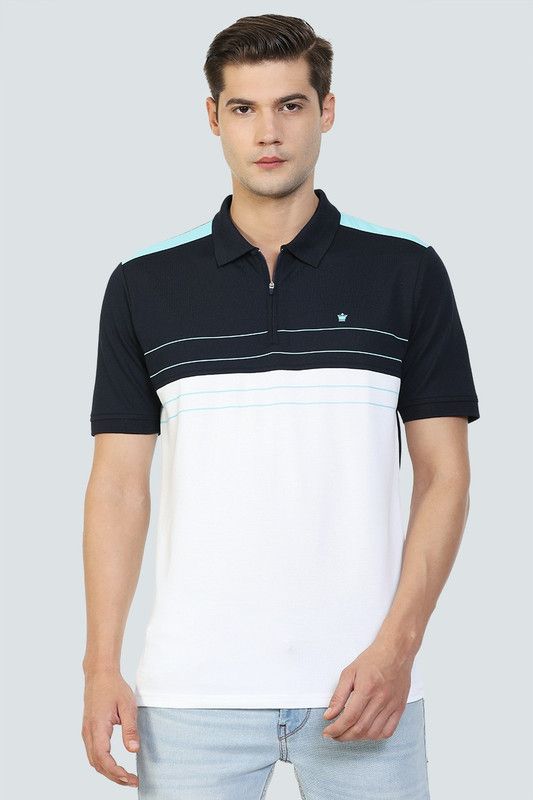 Men Colorblock Polo Neck Poly Cotton Dark Blue T-Shirt
