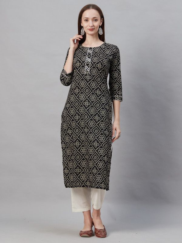 Women Geometric Print, Bandhani Cotton Blend Straight Kurta  (Black)