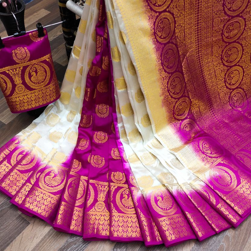 Woven Banarasi Nylon Saree  (White, Pink)