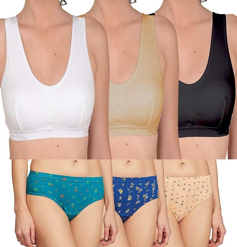 Streachable Sports Bra for Women Combo Pack of 3 Non-Padded with panty Shapewear Set Printed Multicolor Lingerie Set