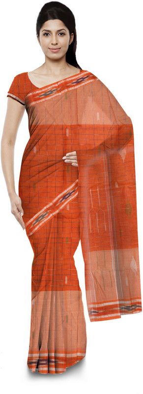 Hand Painted Handloom Pure Cotton Saree  (Orange)