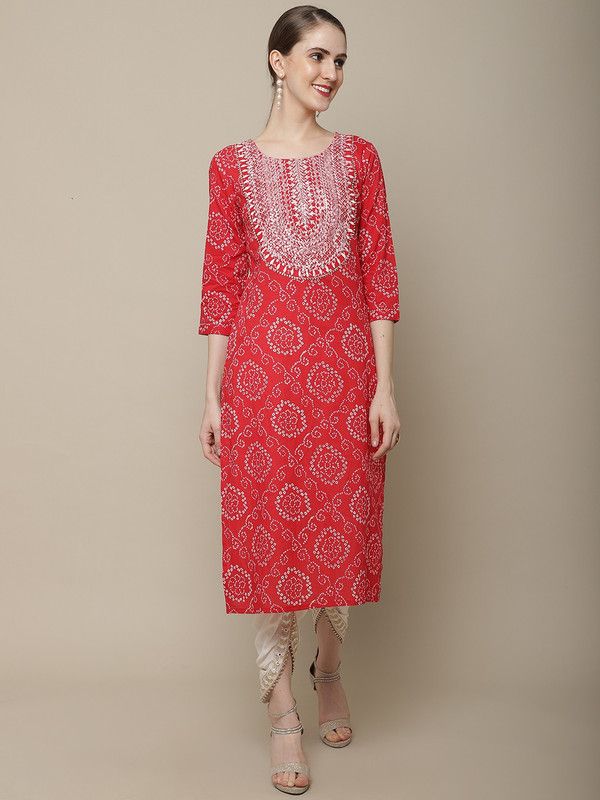 Women Printed, Embroidered Pure Cotton Straight Kurta  (Red)