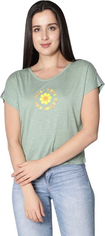 RAYON SLUB EXTENDED SLEEVES PRINTED GREEN TSHIRT Women Printed Round Neck Viscose Rayon Light Green T-Shirt