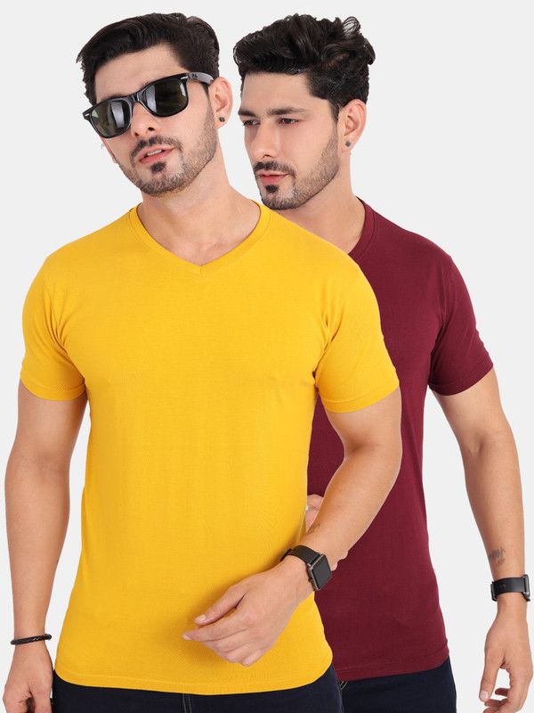 Pack of 2 Men Solid V Neck Pure Cotton Maroon, Yellow T-Shirt