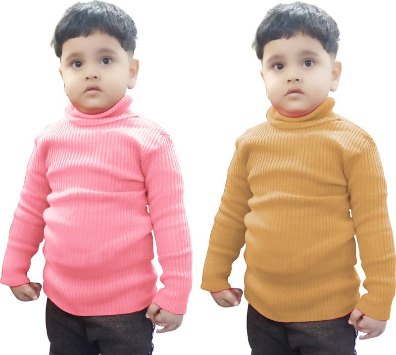 Boys Self Design Turtle Neck Pink, Brown Sweater